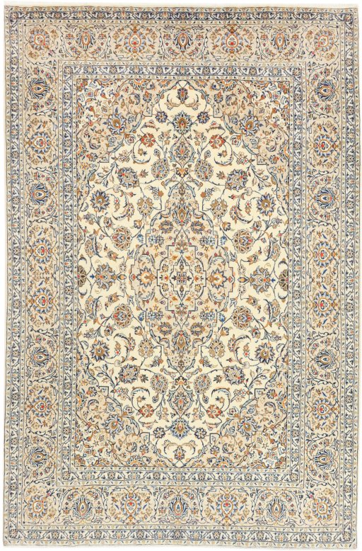 Full view of 2000s Kashan rug from Iran / Persia, 300 × 198 cm in Cream tones
