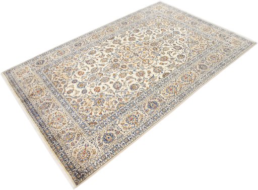 Corner detail of 2000s Kashan rug showing border pattern and Wool pile