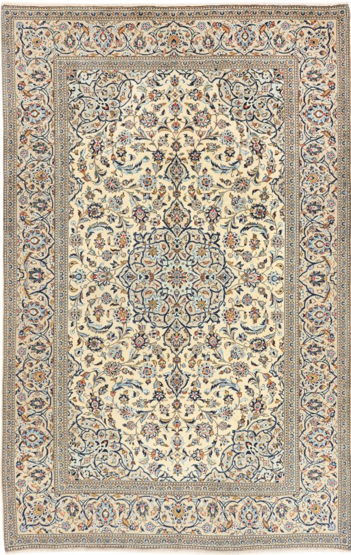 Full view of 2000s Kashan rug from Iran / Persia, 307 × 196 cm in Cream tones