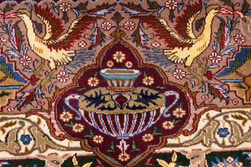 Close-up detail of 1975s Kashan rug from Iran / Persia showing Wool weave