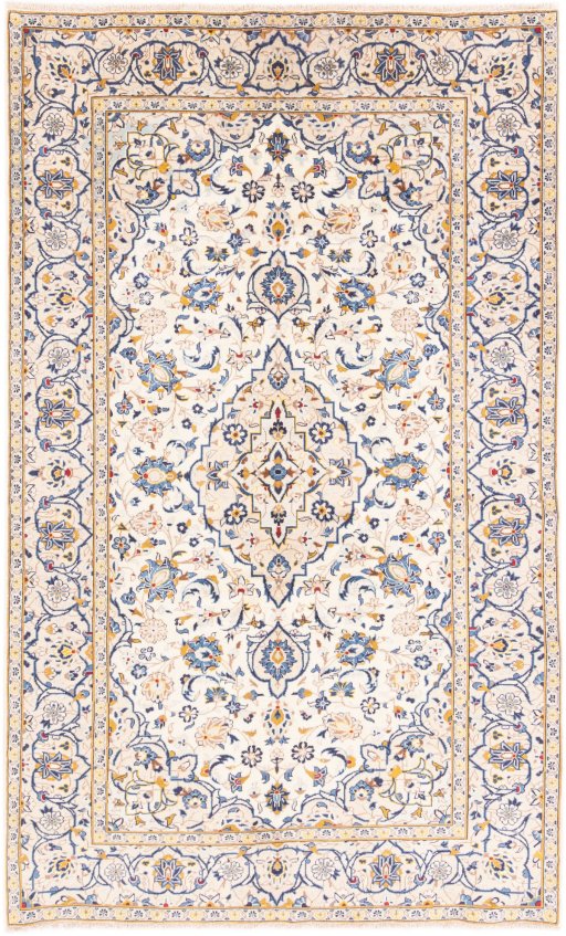 Full view of 1983s Kashan rug from Iran / Persia, 250 × 150 cm in Cream tones