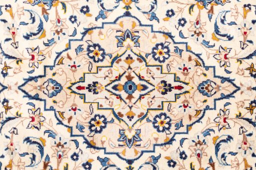 Full view of 1983s Kashan rug from Iran / Persia, 250 × 150 cm in Cream tones