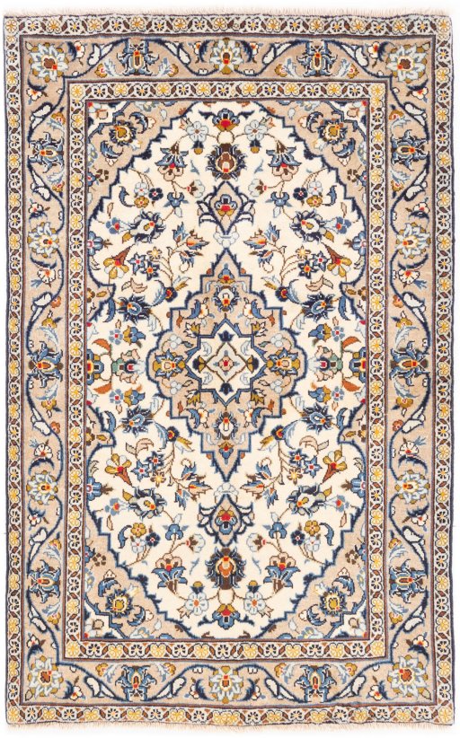 Full view of 2000s Kashan rug from Iran / Persia, 156 × 95 cm in Beige tones