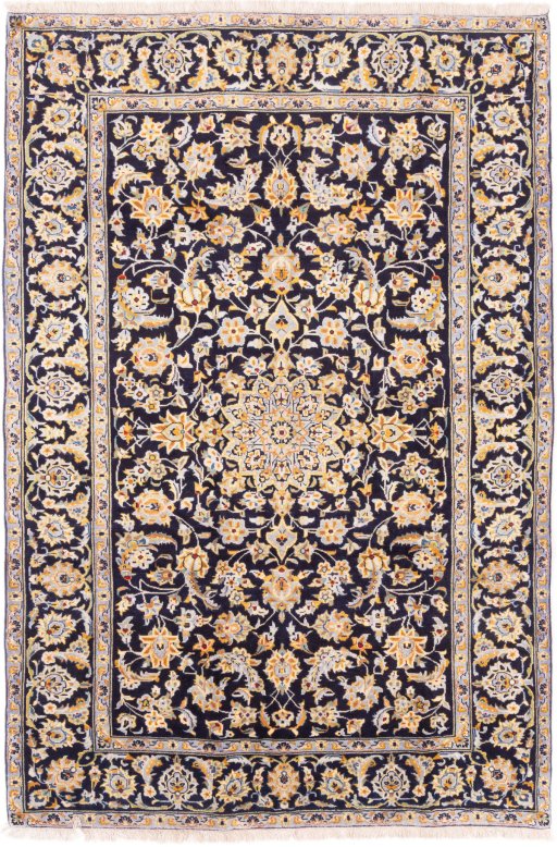 Full view of 1975s Kashan rug from Iran / Persia, 220 × 147 cm in Dark blue tones