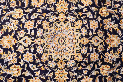 Full view of 1975s Kashan rug from Iran / Persia, 220 × 147 cm in Dark blue tones