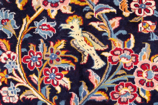 Full view of 1980s Kashan rug from Iran / Persia, 150 × 100 cm in Dark blue tones