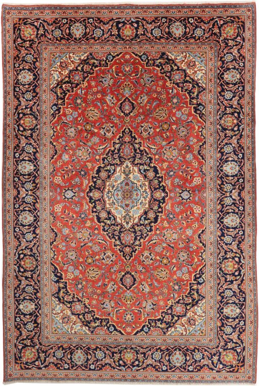 Full view of 1990s Kashan rug from Iran / Persia, 297 × 200 cm in Red tones