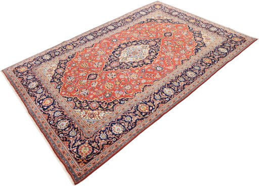 Corner detail of 1990s Kashan rug showing border pattern and Wool pile