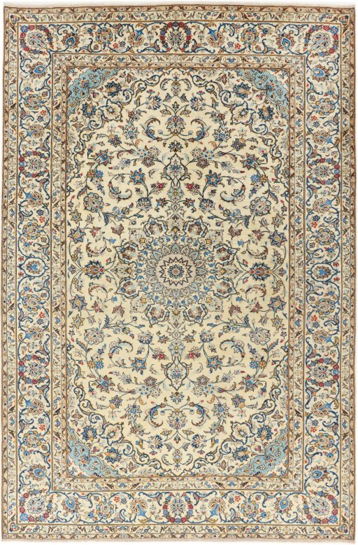 Full view of 1985s Kashan rug from Iran / Persia, 297 × 197 cm in Beige tones