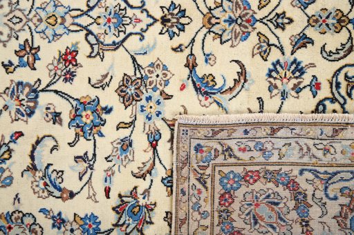 Full view of 1985s Kashan rug from Iran / Persia, 297 × 197 cm in Beige tones
