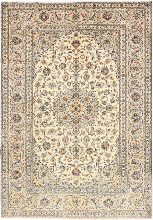 Full view of 1990s Kashan rug from Iran / Persia, 298 × 210 cm in Cream tones