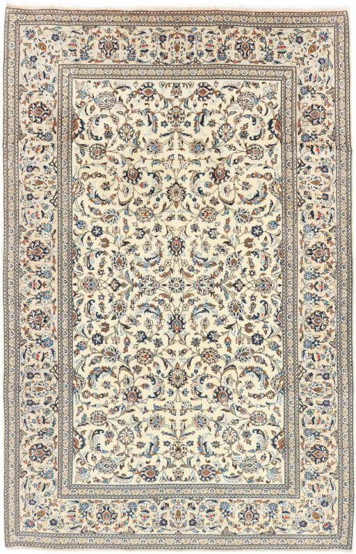 Full view of 2000s Kashan rug from Iran / Persia, 300 × 196 cm in Cream tones