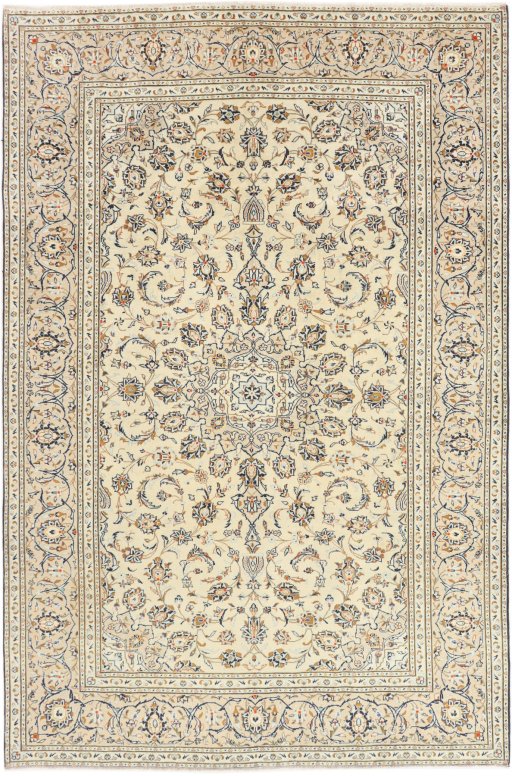Full view of 2000s Kashan rug from Iran / Persia, 296 × 196 cm in Cream tones
