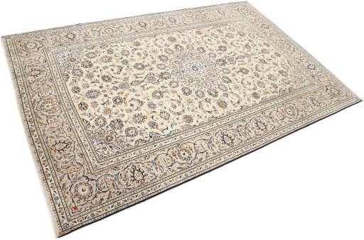 Corner detail of 2000s Kashan rug showing border pattern and Wool pile