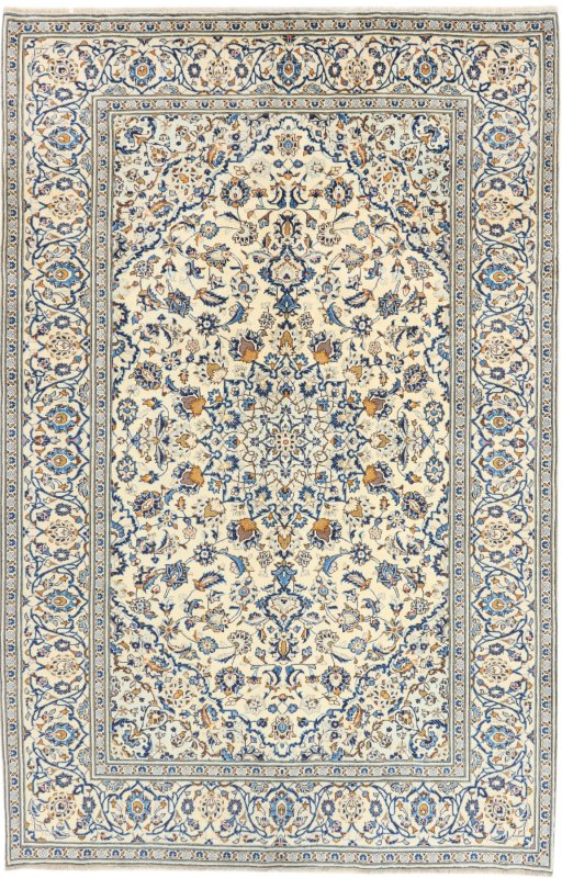 Full view of 2000s Kashan rug from Iran / Persia, 300 × 196 cm in Cream tones