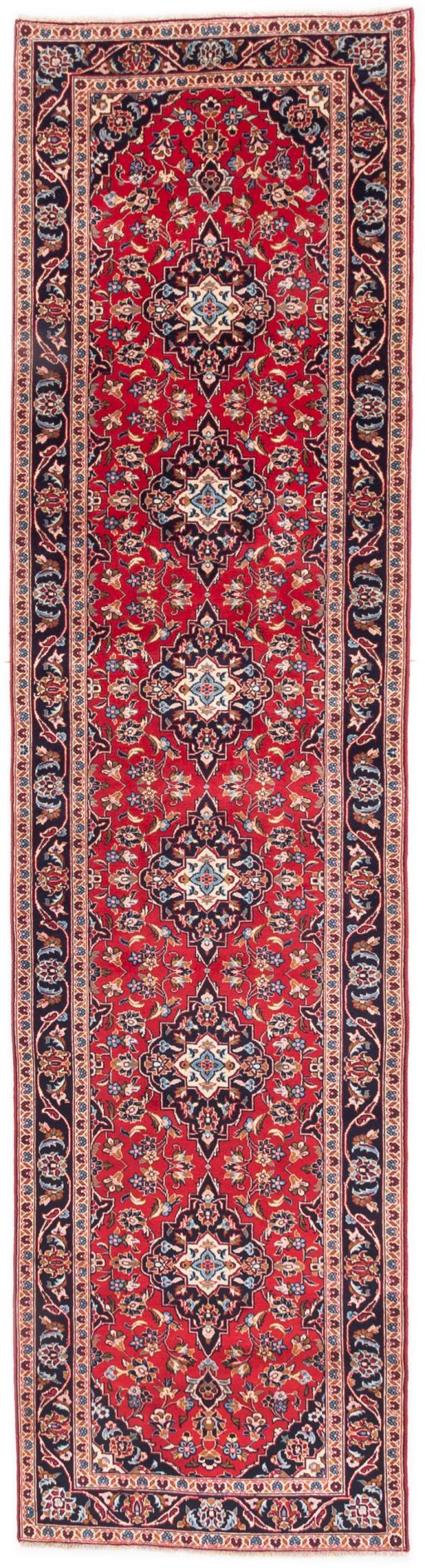 Full view of 1996s Kashan rug from Iran / Persia, 378 × 97 cm in Red tones