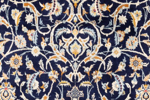 Full view of 1979s Kashan rug from Iran / Persia, 193 × 105 cm in Dark blue tones