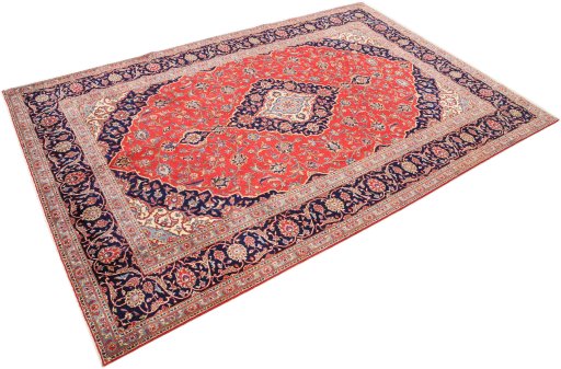 Corner detail of 2000s Kashan rug showing border pattern and Wool pile