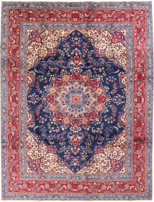 Full view of 1990s Kashan rug from Iran / Persia, 385 × 295 cm in Dark blue tones
