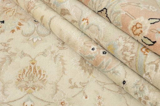 Full view of 1980s Kashmar rug from Iran / Persia, 340 × 250 cm in Cream tones
