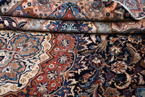 Full view of 2000s Kashmar rug from Iran / Persia, 393 × 300 cm in Blue tones
