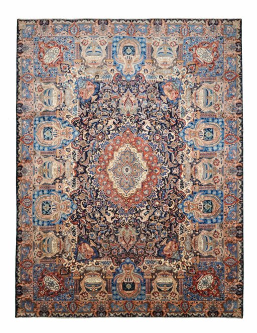 Full view of 2000s Kashmar rug from Iran / Persia, 393 × 300 cm in Blue tones