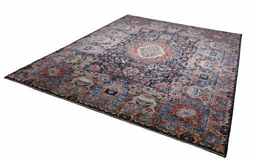 Close-up detail of 2000s Kashmar rug from Iran / Persia showing Wool weave