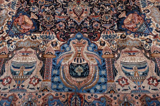 Backside of handmade 2000s Kashmar rug showing knot structure and weave density