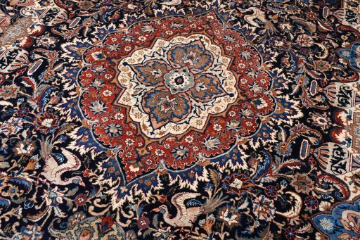 Full view of 2000s Kashmar rug from Iran / Persia, 393 × 300 cm in Blue tones