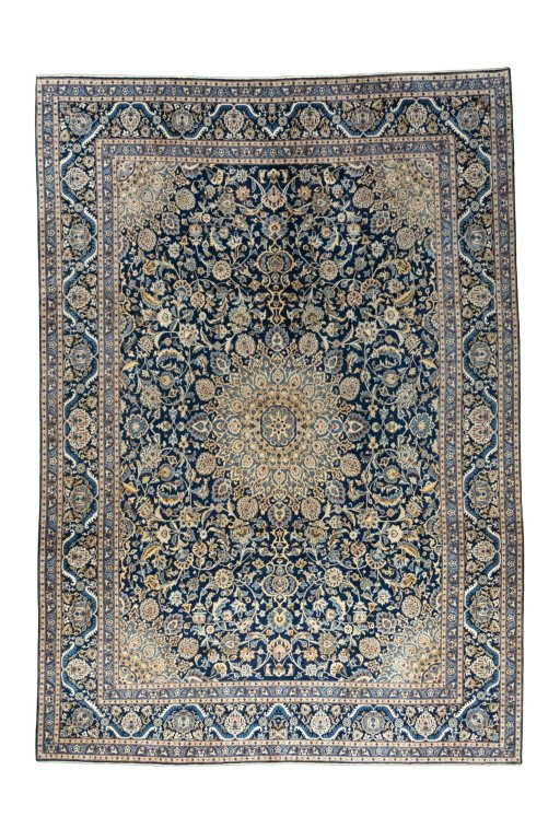 Full view of 2000s Kashmar rug from Iran / Persia, 412 × 290 cm in Blue tones