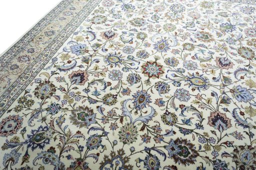 Backside of handmade New Kashmar rug showing knot structure and weave density