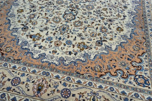 Close-up detail of 2000s Kashmar rug from Iran / Persia showing Wool weave