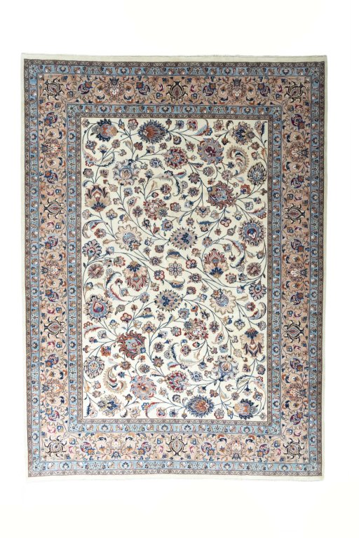 Full view of New Kashmar rug from Iran / Persia, 344 × 250 cm in Beige tones