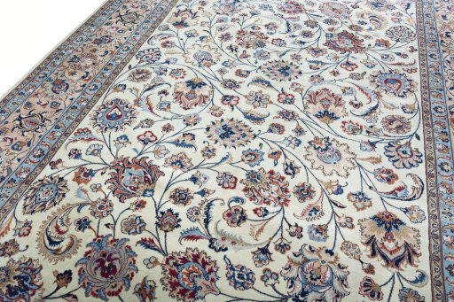 Backside of handmade New Kashmar rug showing knot structure and weave density