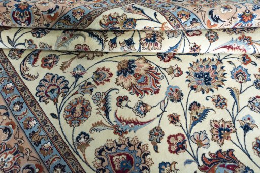 Full view of New Kashmar rug from Iran / Persia, 344 × 250 cm in Beige tones