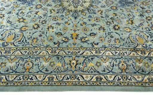 Corner detail of 2000s Kashmar rug showing border pattern and Wool pile