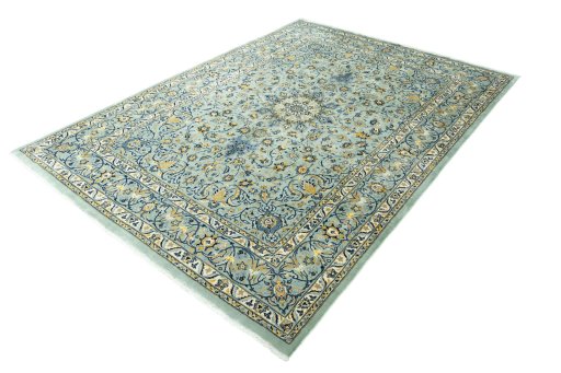 Corner detail of 2000s Kashmar rug showing border pattern and Wool pile