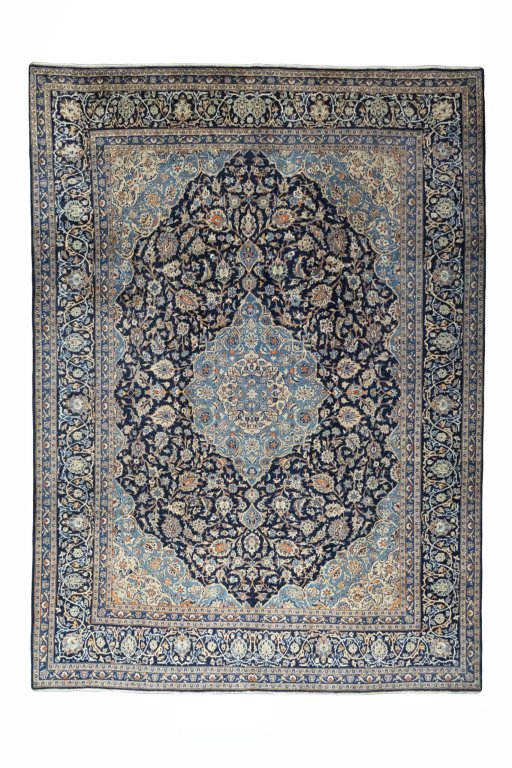Full view of 2000s Kashmar rug from Iran / Persia, 407 × 295 cm in Blue tones
