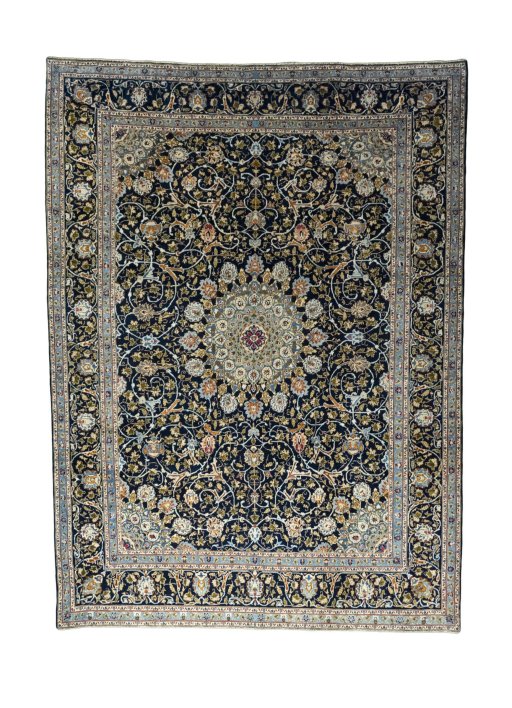 Full view of 2000s Kashmar rug from Iran / Persia, 405 × 300 cm in Blue tones