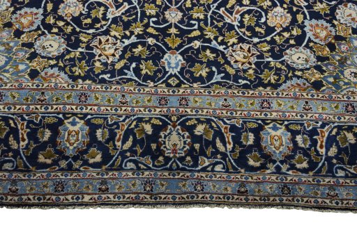 Full view of 2000s Kashmar rug from Iran / Persia, 405 × 300 cm in Blue tones