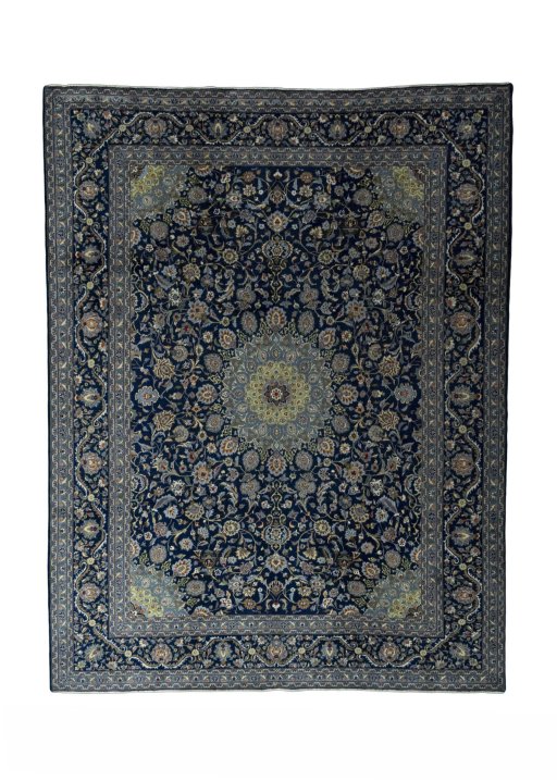 Full view of 2000s Kashmar rug from Iran / Persia, 385 × 292 cm in Blue tones