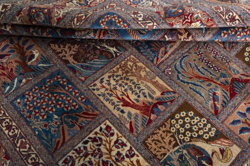 Corner detail of 2000s Kashmar rug showing border pattern and Wool pile