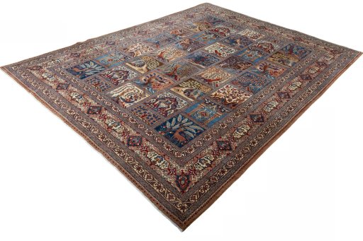 Corner detail of 2000s Kashmar rug showing border pattern and Wool pile