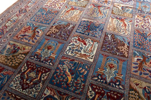 Backside of handmade 2000s Kashmar rug showing knot structure and weave density