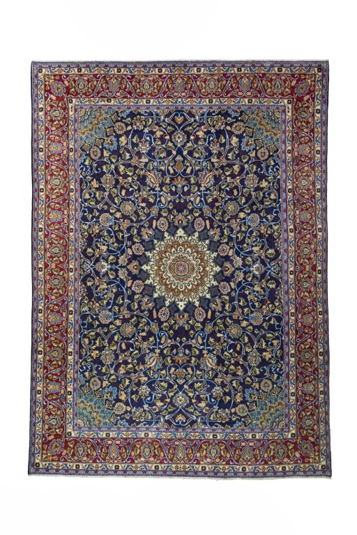 Full view of 2000s Kashmar rug from Iran / Persia, 407 × 290 cm in Blue tones