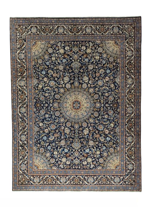 Full view of 2000s Kashmar rug from Iran / Persia, 390 × 295 cm in Blue tones