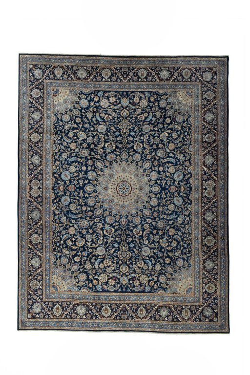 Full view of 2000s Kashmar rug from Iran / Persia, 400 × 305 cm in Blue tones