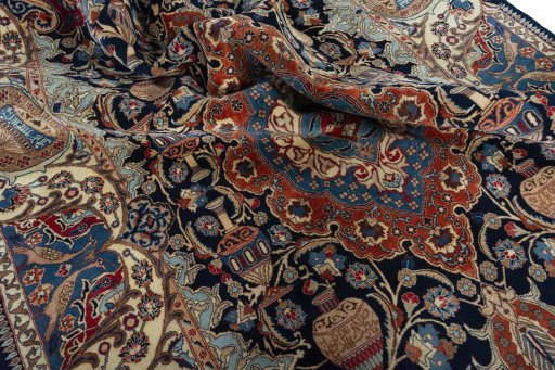 Surface texture of 1970s Kashmar rug with natural Wool and intricate pattern