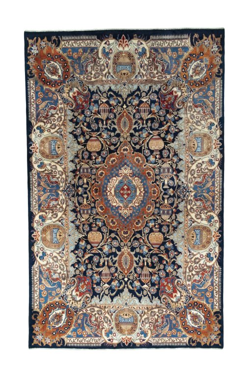 Full view of 1970s Kashmar rug from Iran / Persia, 338 × 208 cm in Blue tones