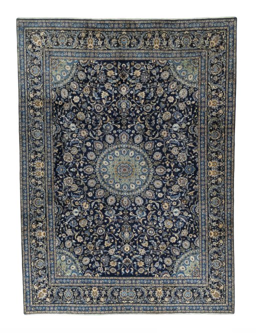 Full view of 2000s Kashmar rug from Iran / Persia, 405 × 297 cm in Blue tones